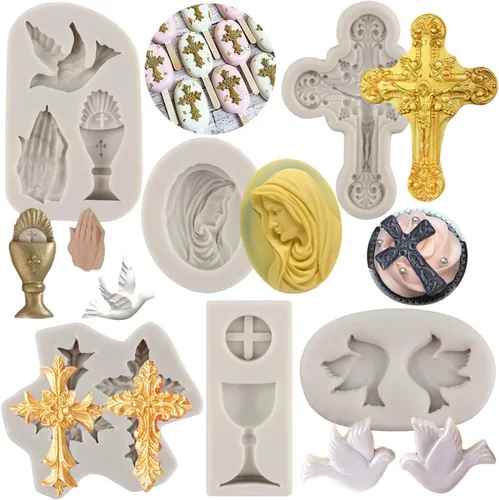 Sijiangmold Molde de silicona cruzada para comunión, cáliz, paloma, fondant, bautismo, pastel, para bautismo, fiesta, decoración de pasteles, Estilo