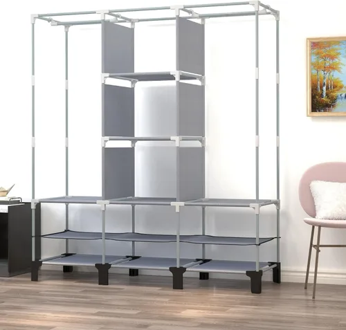 Miniatura 7 de Armario portátil con 10 estantes de almacenamiento y 2 postes para colgar, 18 bolsillos laterales no tejidos, tamaño 51.2 x 17.7 x 67.7 in, Beige