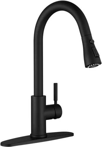 WEWE Grifo de cocina negro, a prueba de fugas, con rociador extraíble, acero inoxidable comercial, de un solo agujero, grifo de fregadero de cocina