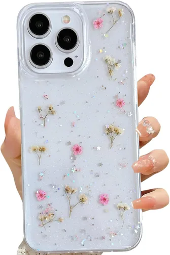 Miniatura 16 de LSEEKA Funda transparente para iPhone 13 Mini/iPhone 12 Mini con diseño de flores reales prensadas, con purpurina, bonito patrón floral blanco, Oro