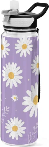 Daisy Flower - Botella de agua de color morado con tapa de pajilla, 32 onzas, a prueba de fugas, transparente, para gimnasio, mujeres y hombres,