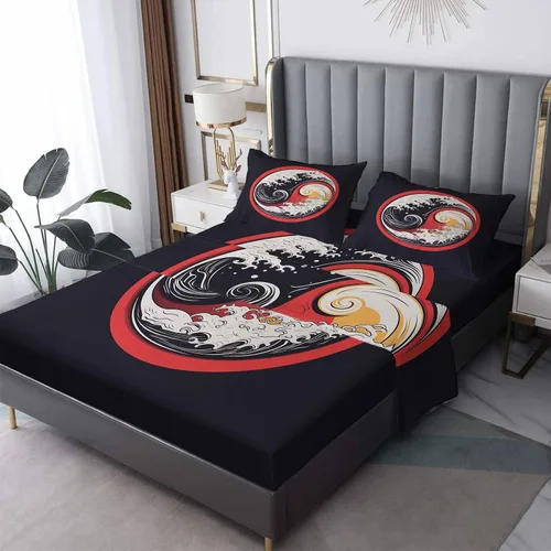 Miniatura 11 de Yin Yang - Juego de sábanas tamaño individual, sábanas japonesas, microfibra suave y bolsillo profundo, sábanas y fundas de almohada estampadas sin