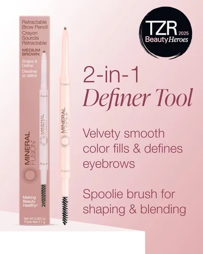 Miniatura 2 de Mineral Fusion Lápiz retráctil para cejas (marrón medio) - Ganador del premio TZR Beauty Heroes 2025 - Forma y define las cejas con cepillo