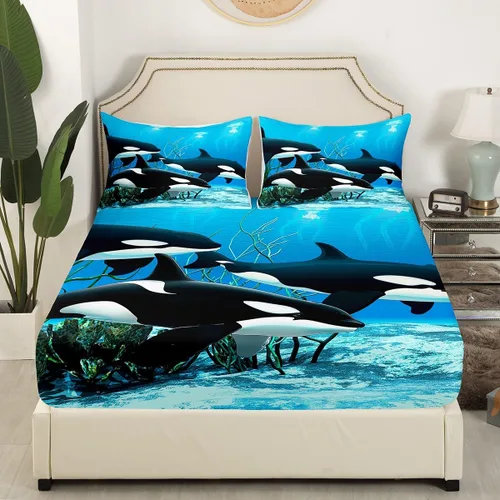Miniatura 3 de Erosebridal Juego de ropa de cama de orca asesina Orcinus Orcas, sábana bajera ajustable de medusas del mundo submarino para niños y niñas, animales