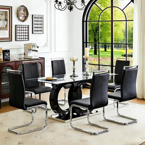 Juego de mesa de comedor Ebullient para 6, juego de mesa de comedor de 7 piezas, tapa de mesa de cristal templado, mesa moderna de comedor con 6