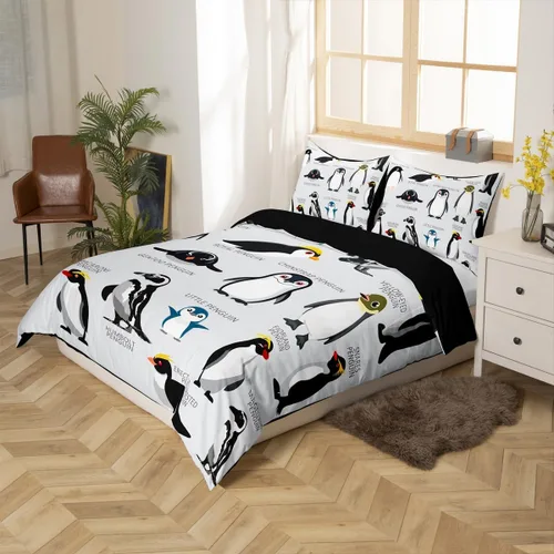 Miniatura 2 de Erosebridal Funda de edredón de pingüinos tamaño Queen, juego de ropa de cama de pingüinos negros y blancos, funda de edredón de animales lindos