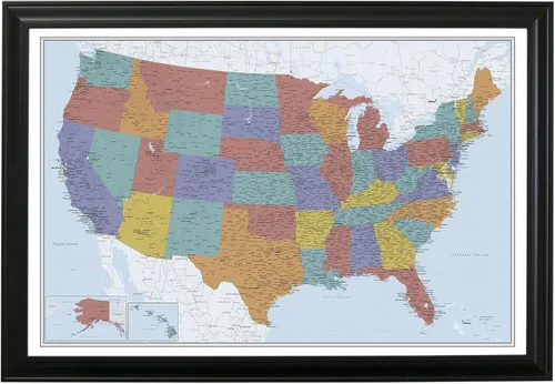 Miniatura 53 de Push Pin Travel Maps Lienzo personalizado Blue Oceans USA con marco gris de madera de granero