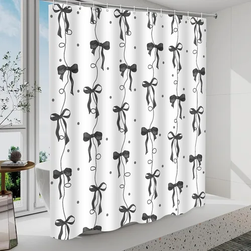 Miniatura 7 de Cortina de ducha con lazo negro, bonita cortina de ducha coqueta estética para adolescentes y niñas, decoración de tela impermeable con 12 ganchos