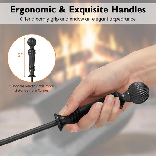 Miniatura 6 de IRONMAX Juego de herramientas para chimenea de 5 piezas, herramientas de hierro de 26 pulgadas con soporte, póquer, pinzas, cepillo y pala