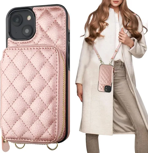 Miniatura 13 de Bocasal Funda tipo cartera cruzada para iPhone 14 Plus, bloqueo RFID, de piel sintética, con cremallera, funda tipo cartera con función atril y Negro