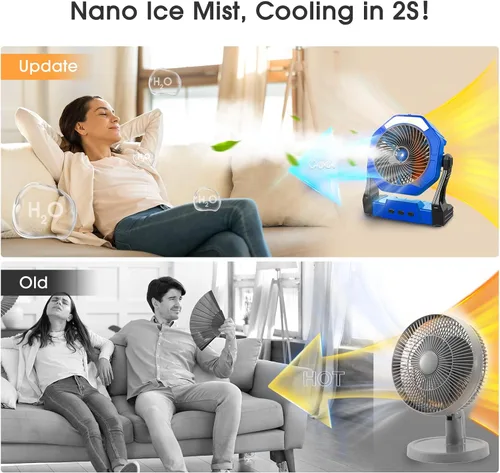 Miniatura 2 de Ausic Ventilador de camping portátil de niebla, ventilador de enfriamiento al aire libre de 8 pulgadas con luz LED, espray de agua, gancho