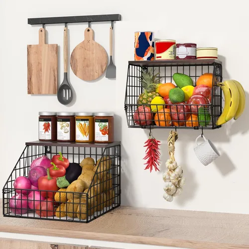 Miniatura 5 de Almacenamiento de frutas y verduras, 2 juegos de cestas de alambre montadas en la pared, cesta de frutas para encimera de cocina, cesta de frutas