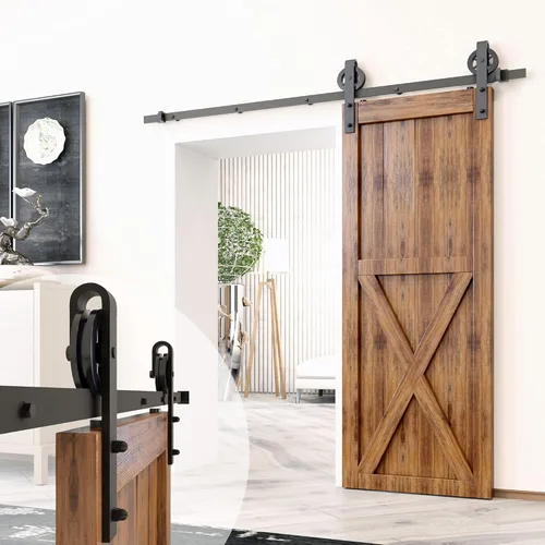 Miniatura 7 de Homacer Kit de herrajes para puerta corrediza de granero sin derivación, color negro, rústico, para una sola puerta, pista plana de 4 pies de largo