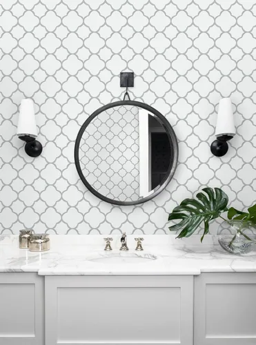 Miniatura 2 de GloryTik - Papel pintado autoadhesivo gris y blanco para despegar y pegar, con diseño de enrejado moderno, removible, geométrico, impermeable