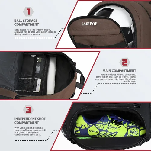 Miniatura 3 de LARIPOP Mochila de Fútbol, Bolsa de Fútbol con Soporte para Balón y Compartimento para Zapatos, Bolsas de Entrenamiento para Equipos Deportivos