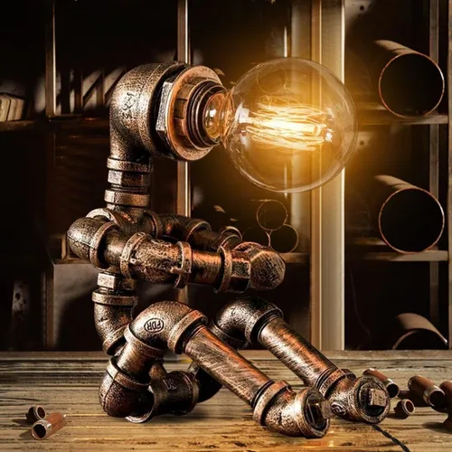 Miniatura 7 de Lámpara de mesa Steampunk, lámpara de mesa de robot industrial vintage, lámpara de mesa de tubería de agua, luz de escritorio estilo robot