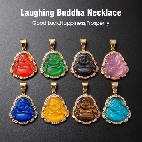 Miniatura 4 de WESTMIAJW Lucky Laughing Buda colgante cadena collares amuleto joyería para hombres, mujeres y niños, 23.6in, Piedra