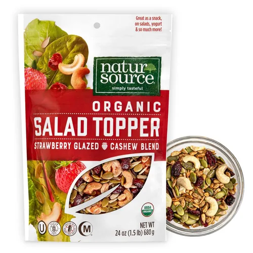 NaturSource Ensalada orgánica de anacardo glaseado con fresa, aderezos para ensaladas, semillas y arándanos, crujientes, semillas mixtas, avena o