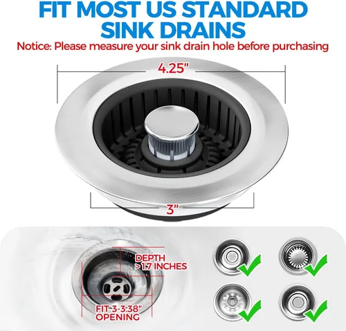 Miniatura 6 de zaa Colador de drenaje para fregadero, tapón 3 en 1 para fregadero de cocina, tapón de drenaje de cocina de acero inoxidable y cubierta con colador