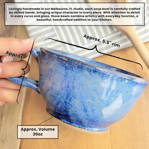 Miniatura 7 de Juego de 2 cuencos de sopa estilo granja con asas, grandes profundos, tazas colgantes de cocina, decoración de cerámica hecha a mano