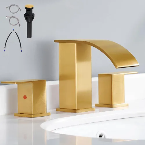 Miniatura 7 de Grifo de baño en cascada dorado de 3 agujeros - 8 pulgadas grifo de baño generalizado Dos manijas llave de lavabo de lavabo con llave de drenaje