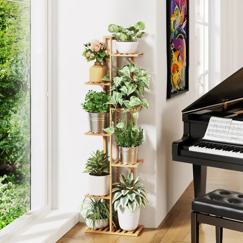 Miniatura 5 de ROSSNY Soporte para plantas de interior de 55 pulgadas de alto, 7 niveles y 8 macetas de bambú para plantas de interior, soporte de esquina
