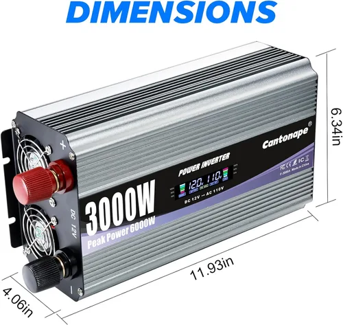 Miniatura 7 de Cantonape Inversor de corriente de 3000 W de 12 V a 110 V/120 V CC a CA con pantalla LCD, control remoto y 4 salidas de CA, adaptador de coche