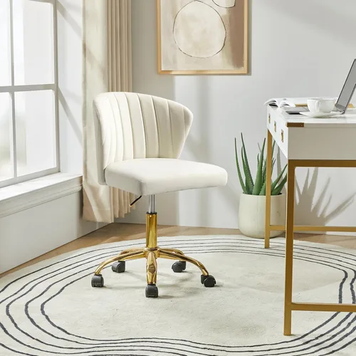 HULALA HOME Silla de escritorio de oficina en casa con ruedas doradas, pequeña y linda silla de tocador con respaldo para dormitorio, asiento de