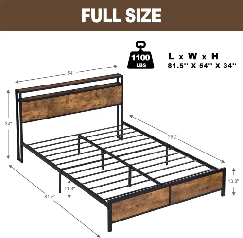 Miniatura 2 de Base de cama de plataforma de metal de tamaño matrimonial con cabecero y estribo de madera con luces USB y LED, no necesita somier, gran