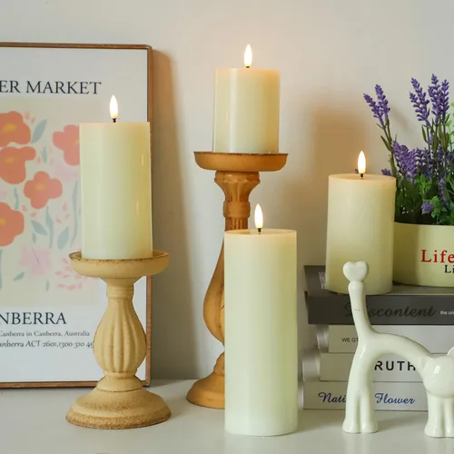 Miniatura 8 de Lezonic Velas LED de color marfil sin llama con temporizador remoto, paquete de 4 velas parpadeantes, diseño de grasa, pilar de cera real