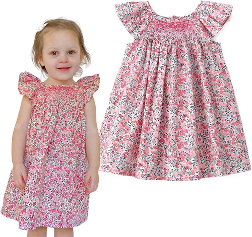 Simplee kids Vestido fruncido de verano para niña, vestido casual de manga corta, estampado floral, vestido de princesa para niños pequeños