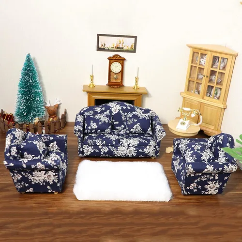 Miniatura 6 de Sofá de casa de muñecas con almohada, sofá miniatura a escala 1 y 12, muebles de sala de estar, marco de tela de madera, silla de lectura Azul