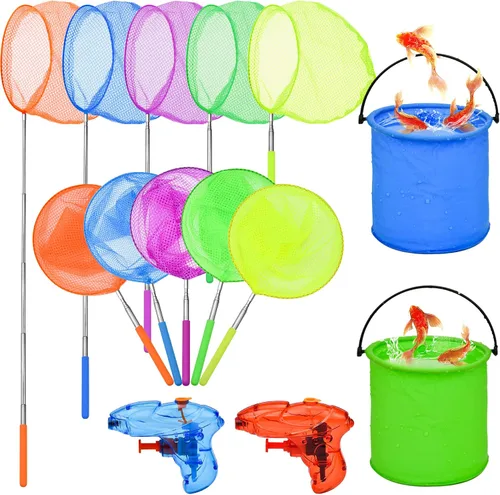 Paquete de 14 redes telescópicas de mariposa para niños, cubos plegables y pistola de agua para niños, redes de insectos de pesca de colores,