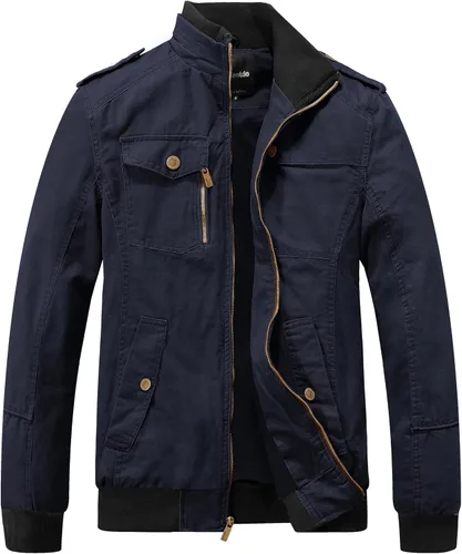 Miniatura 9 de Wantdo Chaqueta militar para hombre, chaqueta bomber casual, cuello alto, chaqueta de lona cortavientos