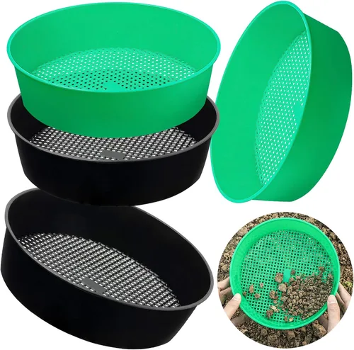 Paquete de 4 tamices de compost para tierra de jardín, tamiz redondo de plástico para arena, juego de bandejas tamizadoras para jardinería y trabajo