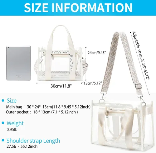 Miniatura 4 de Bolsa transparente UEOE para eventos en estadios, gran bolso de mano transparente con bolsa con cremallera exterior e interior para eventos