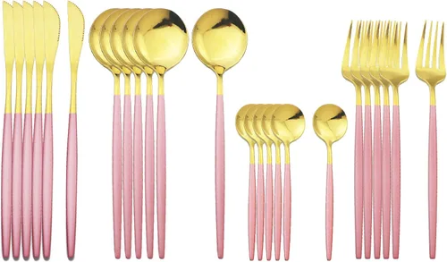 Miniatura 12 de Juego de cubiertos dorados con mango blanco, 24 piezas de acero inoxidable brillante, cubiertos para 6, aptos para lavavajillas Mango blanco dorado