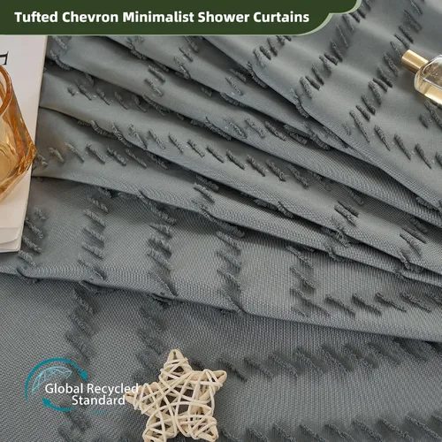 Miniatura 2 de Siiluminisoy Cortina de ducha gris para baño de tela bohemia, cortina de ducha de tela con textura de chevrón tufted elegante, cortinas de ducha