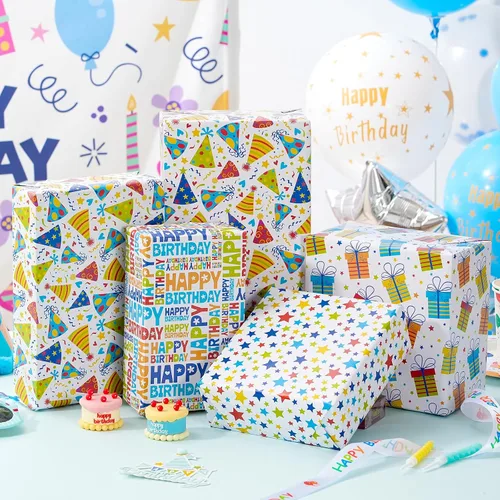 Miniatura 2 de Hojas de papel de regalo de cumpleaños, paquete de 8 envolturas de regalo para regalos de cumpleaños infantiles, 4 diseños coloridos con feliz