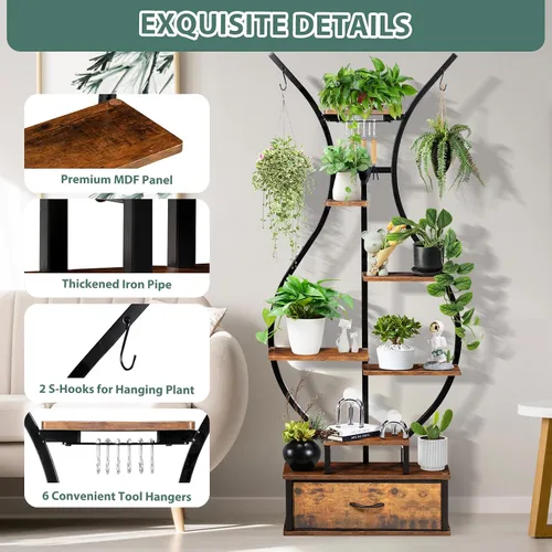 Miniatura 4 de Soporte para plantas de interior de 7 niveles con ganchos y cajón para colgar, soporte de esquina en forma de jarrón de 68.1 pulgadas de alto