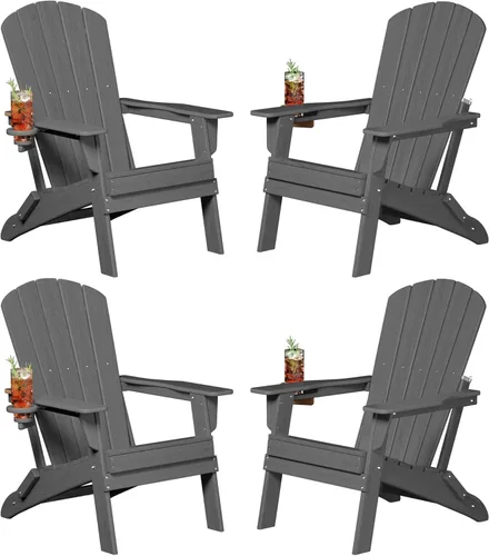 Miniatura 25 de Plawdlik Adirondack Juego de 2 sillas plegables, probadas por SGS, textura de madera con portavasos, polietileno de alta densidad resistente a todo
