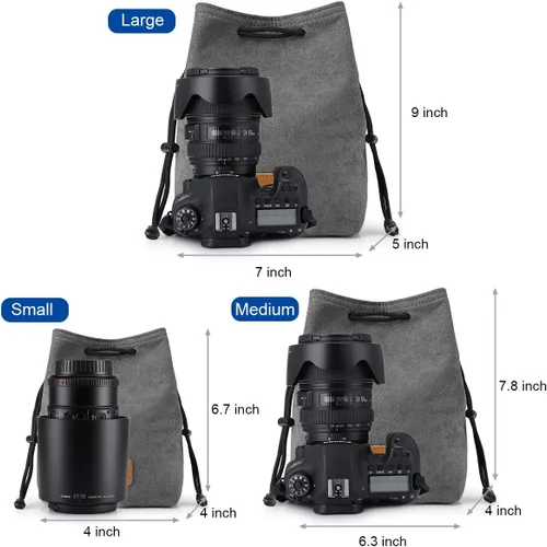 Miniatura 3 de S-ZONE Bolsa suave para cámara DSLR, inserto para bolso de mano con cordón, funda para lente compatible con Canon Nikon Sony Gris