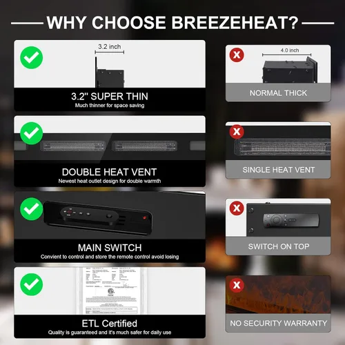 Miniatura 3 de BREEZEHEAT Inserto de chimenea eléctrica ultrafino de 42 pulgadas, certificado ETL, empotrado/montaje en pared, llama 3D con cristal, control remoto