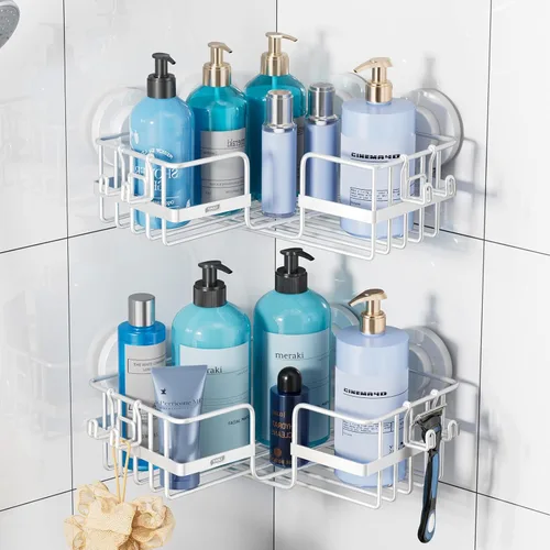 Miniatura 11 de TAILI Paquete de 2 potentes ventosas de ducha de esquina, estante de ducha a prueba de óxido de acero inoxidable con gancho, cesta de pared sin