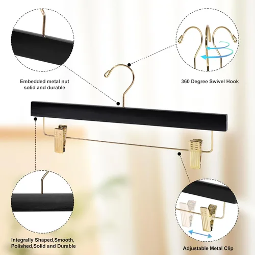 Miniatura 2 de Quality Hangers Perchas de madera negras para pantalones, paquete de 20 perchas giratorias para ropa, falda de madera de loto, pantalones, Negro