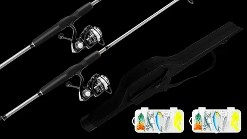 Miniatura 4 de Juego de 2 piezas de caña de pescar y carrete giratorio con señuelos, bolsa de pesca, kit de caña de pescar portátil para agua salada, agua dulce