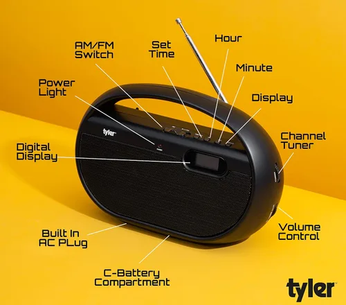 Miniatura 3 de Tyler Altavoz de radio portátil AM/FM, funciona con batería de CA o inalámbrica, banda completa ligera de mano AM FM, pantalla de hora digital