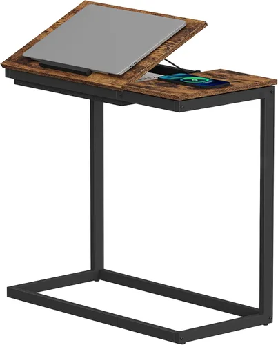 Miniatura 11 de TUTOTAK Mesa auxiliar en forma de C con estación de carga, mesa auxiliar inclinable para computadora portátil, mesa debajo del sofá para sala