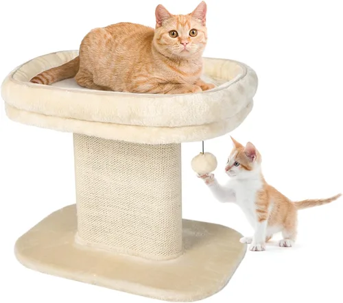 Tangkula Árbol para gatos de interior, torre para gatos de 2 niveles con percha superior y panel rascador de sisal y juguete de bola de piel
