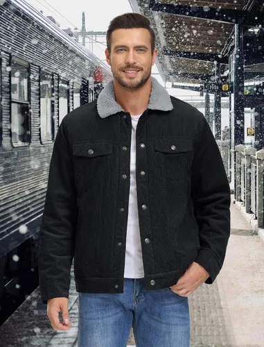 Miniatura 2 de EKLENTSON Chaquetas de pana para hombre, con forro de sherpa, abrigo de invierno térmico cálido, chaqueta de forro polar casual con solapa